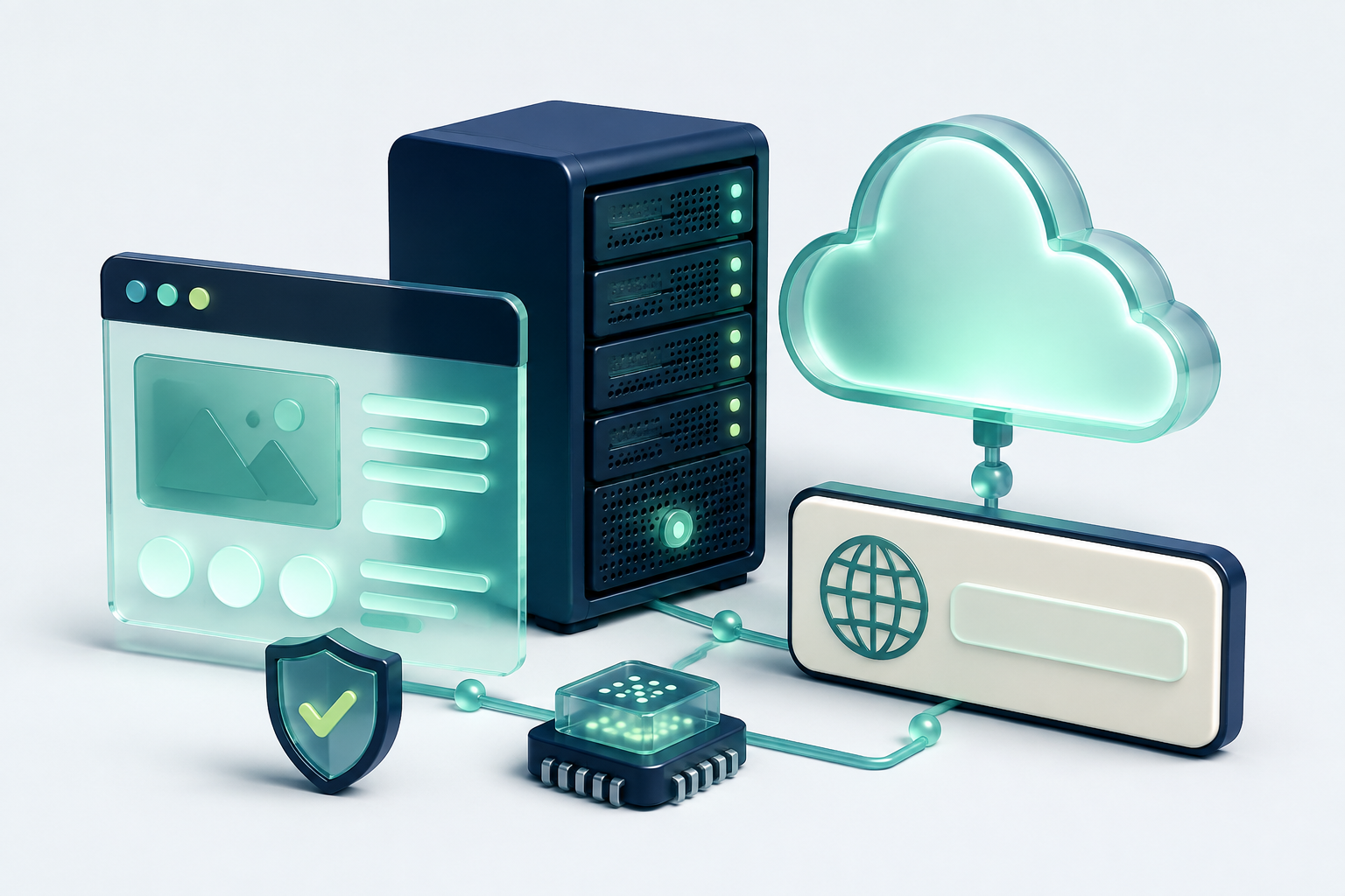 Illustrated website, server, cloud and domain services connected together